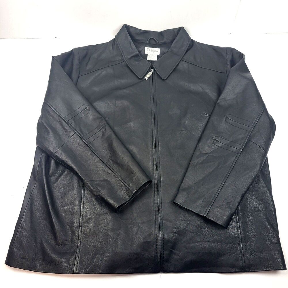 Tribeca Studio Leather Jacket Black long sleeve full Zip Size 26WP